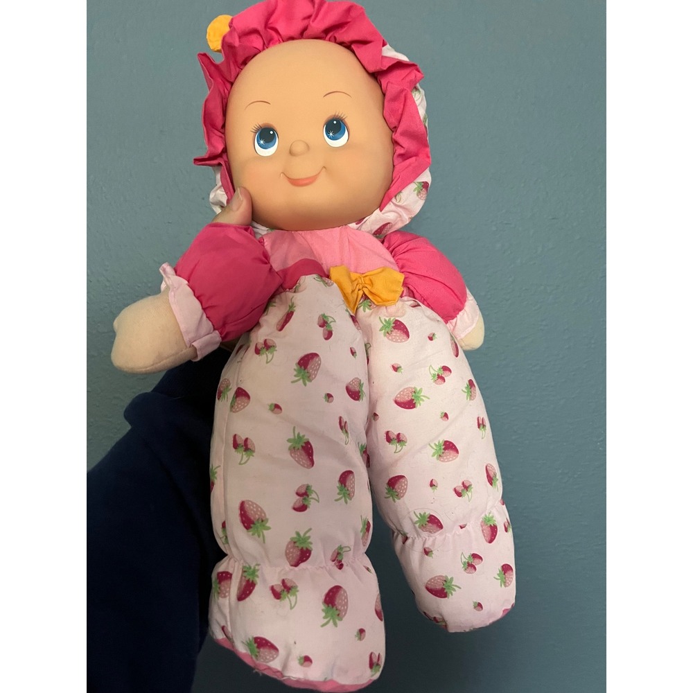 Strawberry Fields Doll Plush Baby Rubber face Toy Pink Yellow Fruit Hooded Soft